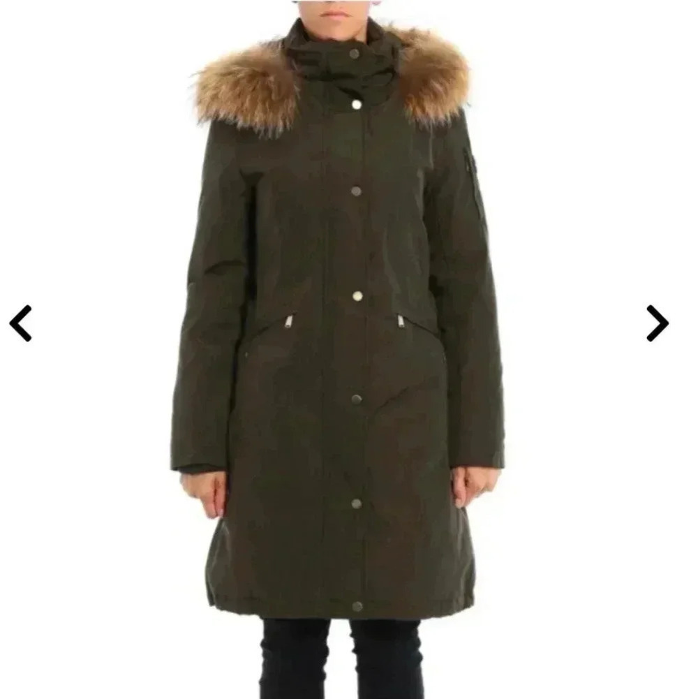 Michael Kors Knee Length Insulated Parka Jacket Coat Olive Green Racoon Hood Fur